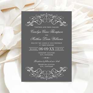 Vintage Charcoal Grey Flourish Wedding Invitation