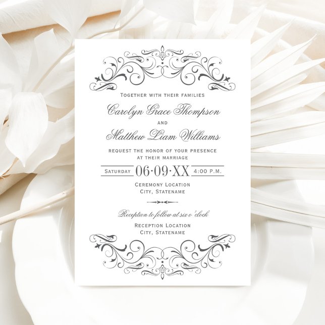 Vintage Charcoal Grey Flourish Wedding Invitation (Creator Uploaded)