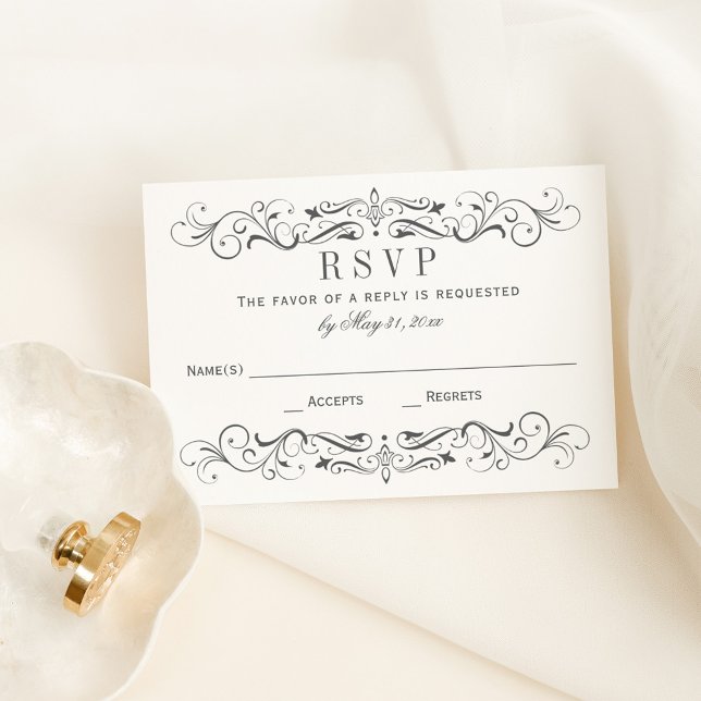 Vintage Charcoal Grey Scrollwork Wedding RSVP Card (Creator Uploaded)