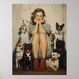 Vintage Charm = A Young Woman Surrounded by Dogs Poster