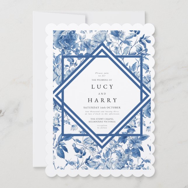 Vintage charm blue toile Wedding invitation (Front)