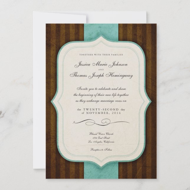 Vintage Charm Brown Blue Wedding Invites (Front)