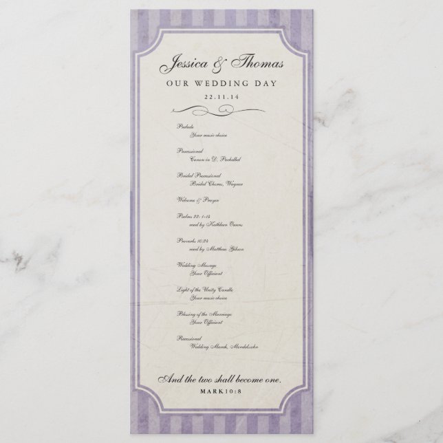 Vintage Charm Custom Lilac Purple Wedding Program Programme (Front)