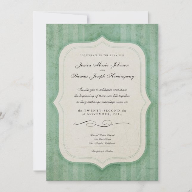 Vintage Charm Green Monogram Wedding Invitations (Front)