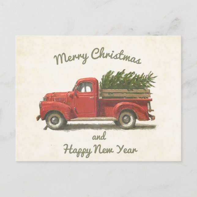 Vintage Charm: Red Truck Carrying Christmas Tree Postcard (Front)