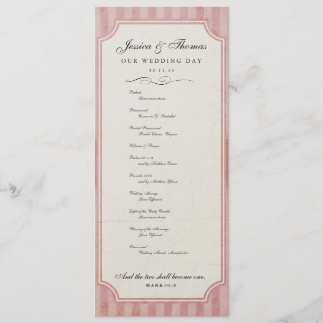 Vintage Charm Strawberry Pink Wedding Program Programme (Front)