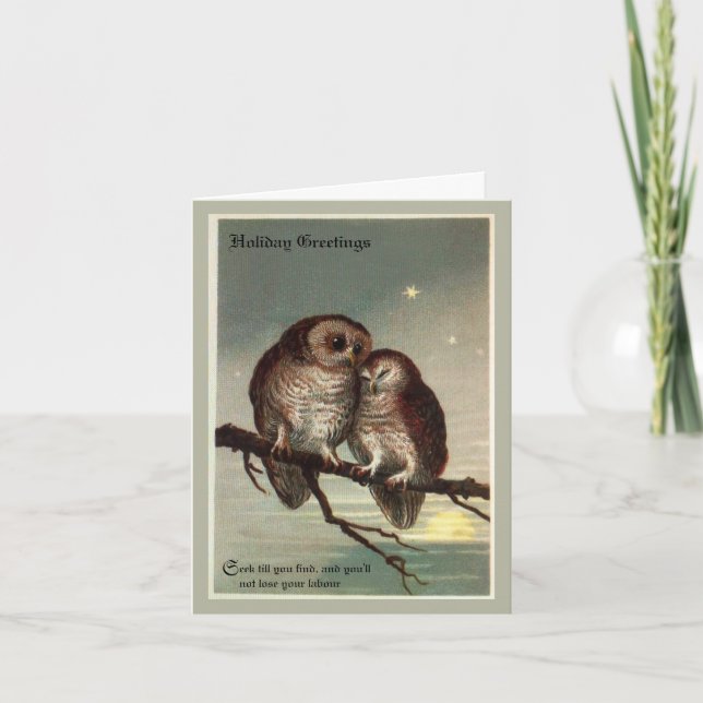 Vintage Charming Romantic Holiday Card with Owls (Front)