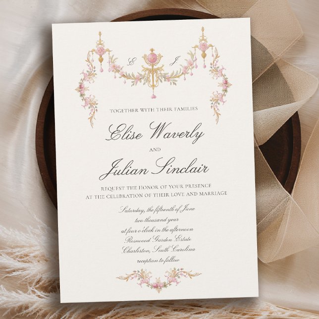 Vintage Chateau Garden Regency Soft Blush Wedding Invitation (regency romance vintage chateau garden wedding blush pink gold floral invitation)