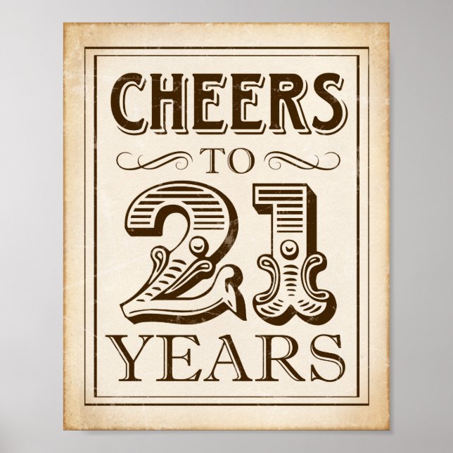 Vintage CHEERS TO 21 YEARS Sign Print (Front)