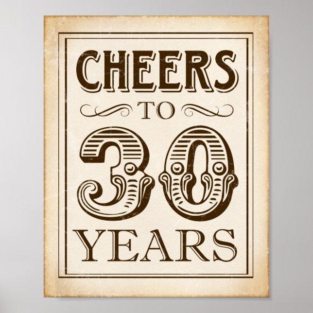 Vintage CHEERS TO 30 YEARS Sign Print (Front)