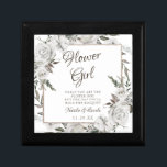 Vintage Cherish Flower Girl Quote Personalised Gift Box<br><div class="desc">Vintage Cherish White Floral & Rose Gold Painted Roses and Flowers. A Vintage Classic and Elegant Look, and Plenty of Grey, Ivory White, Rose Gold, Dusty Pink, Pine Green, and Grey leaves and foliage. With Hand Painted Floral elements, Vintage Classic Script Fonts, and Elegant Rose Gold Glitter Foil Geometric Square...</div>