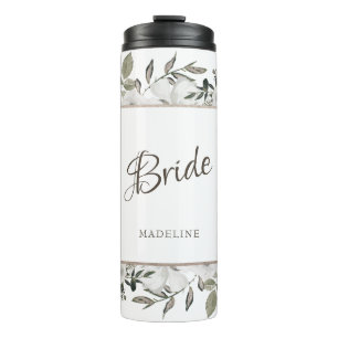 Vintage Cherish White Floral Personalised Bride Thermal Tumbler