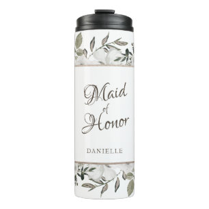 Vintage Cherish White Floral Rose Maid of Honour Thermal Tumbler