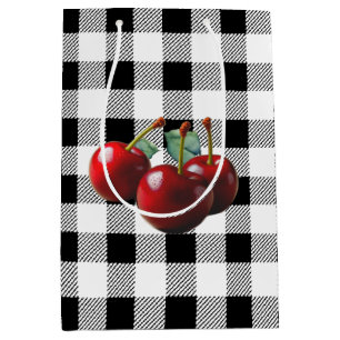 Vintage Cherries black white gingham Medium Gift Bag