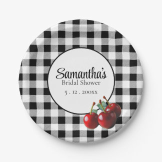 Vintage Cherries black white gingham Paper Plate