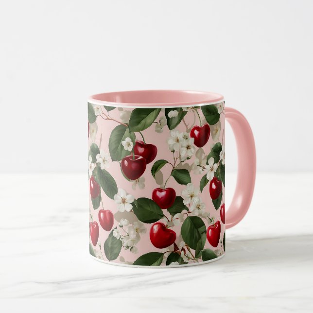 Vintage Cherry Blossom Botanical Pink Red Pattern Mug (Front Right)