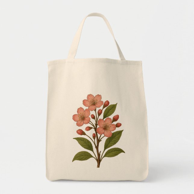 Vintage Cherry Blossom Botanical Tote - Reusable Bag (Front)