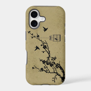 Vintage cherry blossom branch and birds silhouette