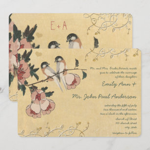 Vintage Cherry Blossom Chickadee Damask Wedding Invitation