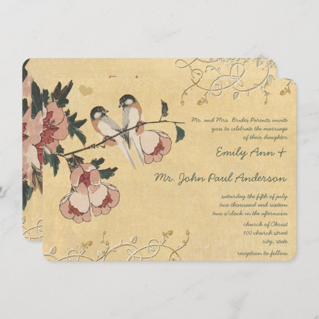 Vintage Cherry Blossom Chickadee  Damask Wedding Invitation (Front/Back)