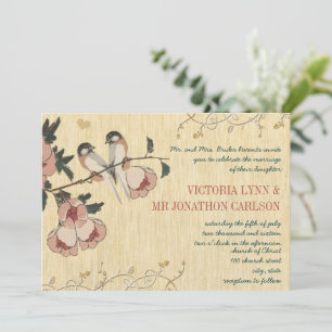 Vintage Cherry Blossom Chickadee Damask Wedding Invitation