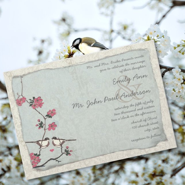 Vintage Cherry Blossom Chickadee  Damask Wedding Invitation (Creator Uploaded)