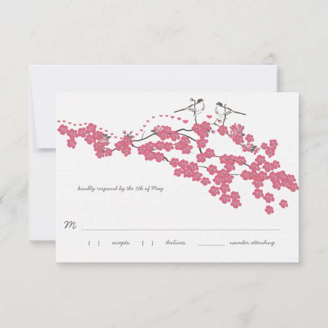 Vintage Cherry Blossom Chickadee Wedding RSVP Card (Front)