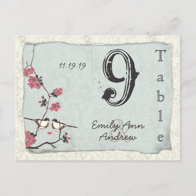 Vintage Cherry Blossom Damask Wedding Table Number Postcard (Front)