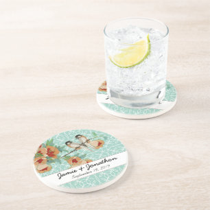 Vintage Cherry Blossom Love Bird Peach Mint Coaster