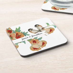 Vintage Cherry Blossom Love Bird Peach Mint Coaster