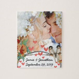 Vintage Cherry Blossom Love Bird Peach Mint Jigsaw Puzzle