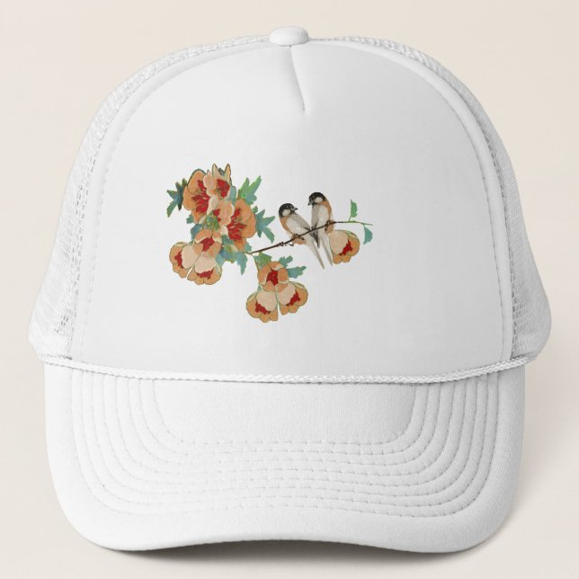 Vintage Cherry Blossom Lovebird Peach Mint Trucker Hat (Front)