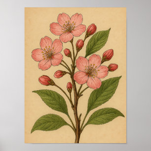 Vintage Cherry Blossom on Weathered Paper Poster