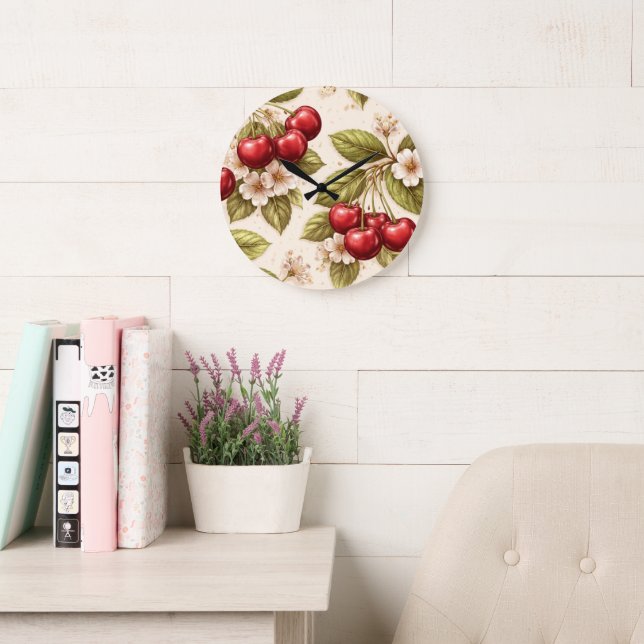 Vintage Cherry Blossom Pattern Red Cherries  Large Clock (Reading Room)