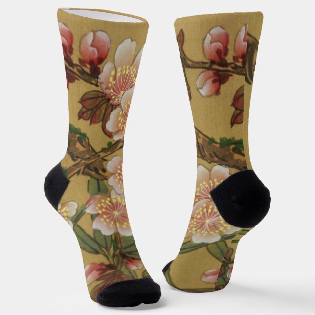 Vintage Cherry Blossoms Asian Japanese Flowers Socks (Angled)