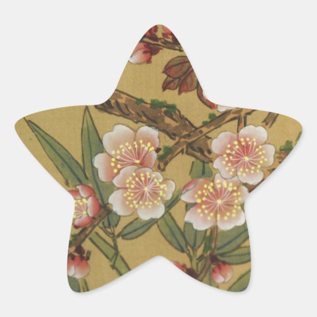 Vintage Cherry Blossoms Asian Japanese Flowers Star Sticker (Front)