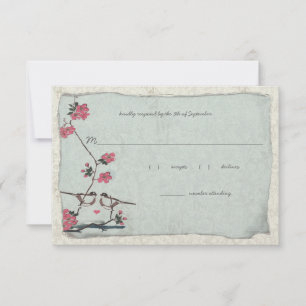 Vintage Cherry Blossoms &Chickadee Damask 3.5 x 5 RSVP Card