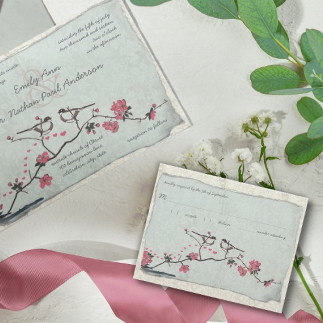 Vintage Cherry Blossoms & Chickadee Damask  RSVP (Creator Uploaded)