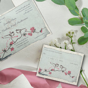 Vintage Cherry Blossoms & Chickadee Damask  RSVP Card