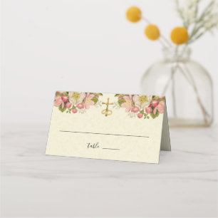 Vintage Cherry Blossoms Elegant Catholic Wedding Place Card