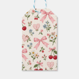 Vintage Cherry Bow Floral Fabric Pattern | Pink Gi Gift Tags