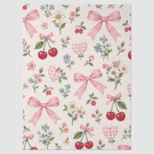 Vintage Cherry Bow Floral Fabric Pattern Pink Gi Tissue Paper