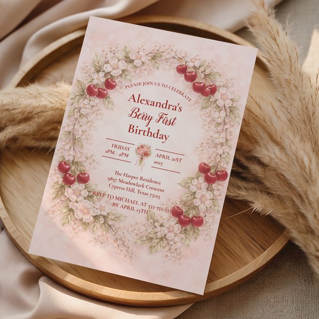 Vintage Cherry Garden Girl 1st Birthday Invitation (Creator Uploaded)