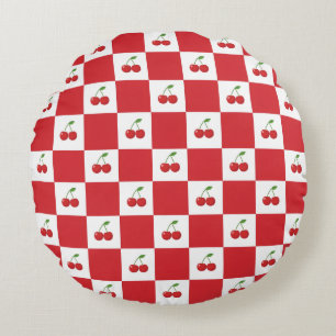 Vintage Cherry Gingham: Coquette Cottagecore Round Cushion