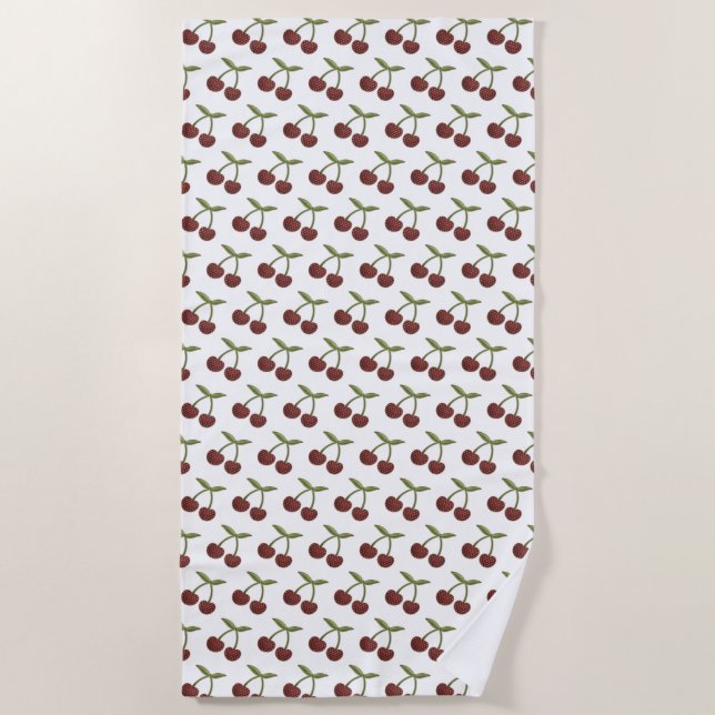Vintage Cherry Illustrated Pattern on White Beach Towel (Front)