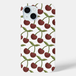 Vintage Cherry Illustrated Pattern on White iPhone 15 Case