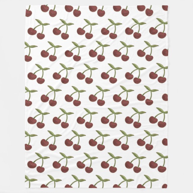 Vintage Cherry Illustrated Pattern on White Fleece Blanket (Front)