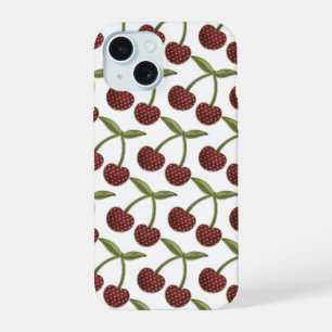 Vintage Cherry Illustrated Pattern on White iPhone 15 Case
