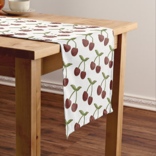 Vintage Cherry Illustrated Pattern on White Short Table Runner