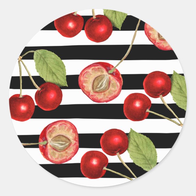 Vintage cherry pattern classic round sticker (Front)